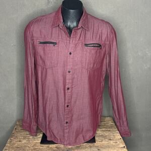 Rock & Republic Red Chambray Zip Pocket Button Up Shirt Mens L